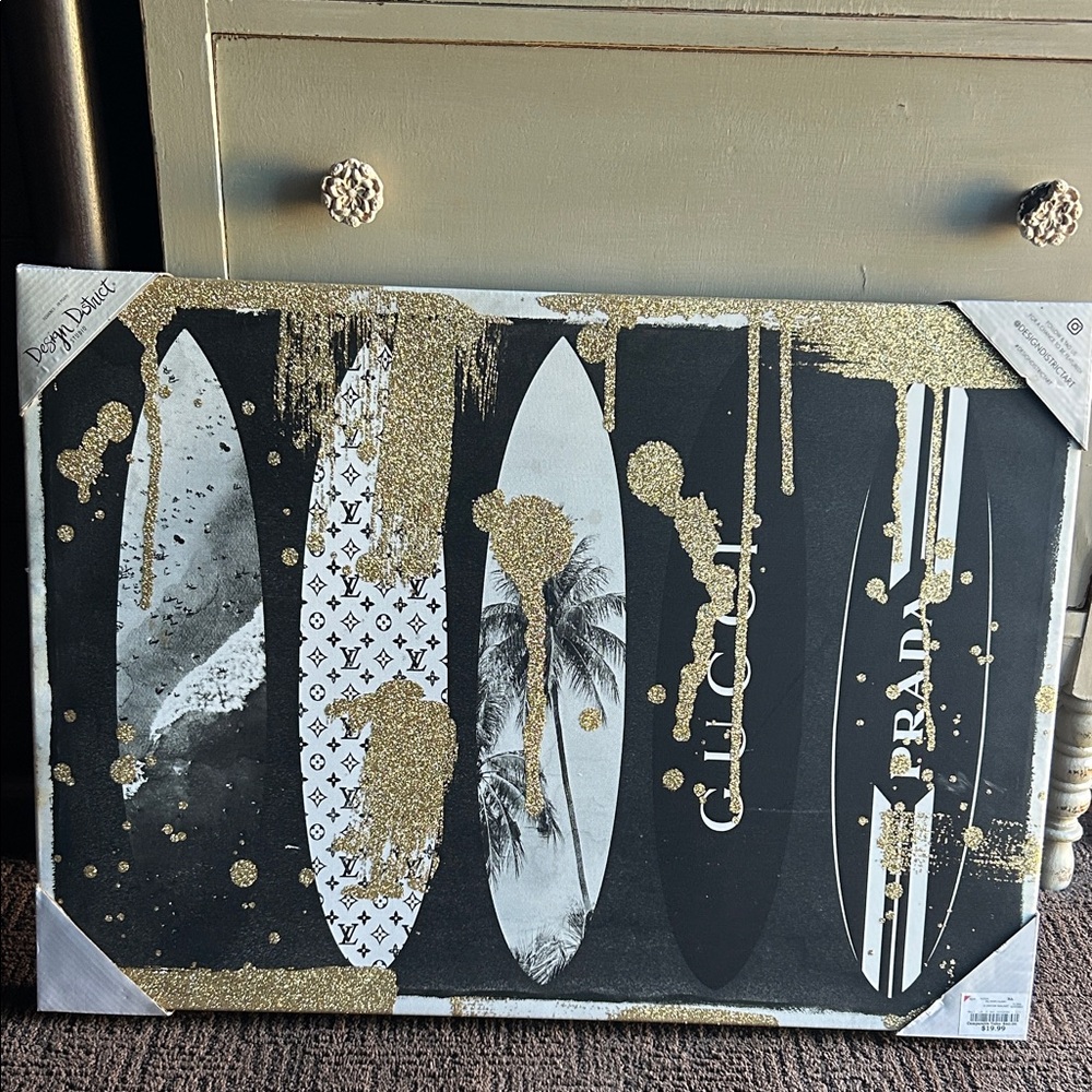 Gold and Black Surfboard Art Print